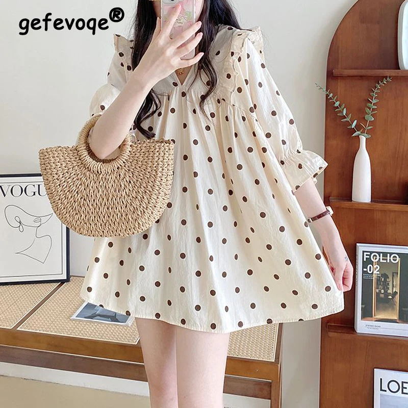 New Women Trendy Polka Dot Print Ruffles Blouses Summer Sweet Kawaii Chic Half Sleeve Shirts Female Casual V Neck Oversized Tops