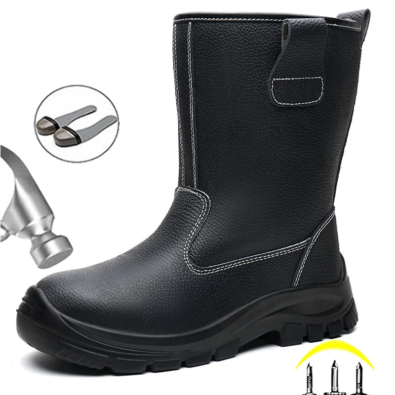 New Waterproof Male Leather Boots Steel Toe Shoes Work Boots Protection Shoes Puncture-Proof Safety Shoes Men Mid-calf Boots