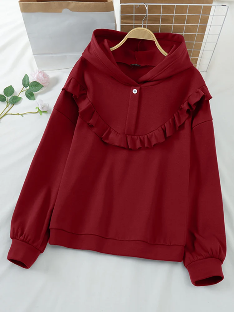 

Осень 2025 г., повседневные свободные однотонные пуловеры в стиле Харадзюку, женские вязаные толстовки с длинными рукавами и капюшоном, джемперы с рюшами, большие размеры VONDA