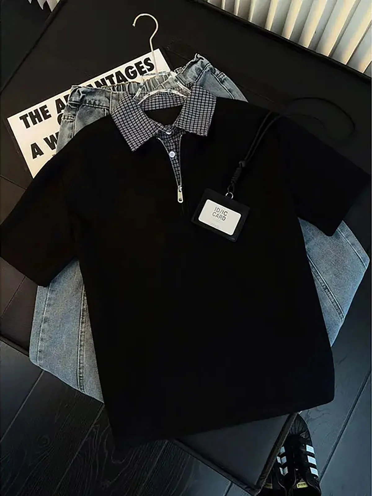 

Black Plaid Shirt Collar Short Sleeve Shirt Men's Loose Inner Wear Shoulder Width Regular Fit Summer Casual Style T-Shirt