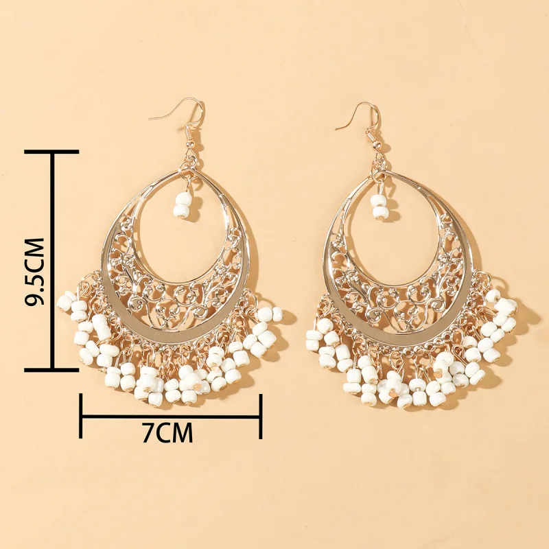 Bohemian Earrings Spliced Circle Matte Color-Block Stud Earrings Elegant Personality Rice Bead Tassel Trendy Women's Earrings