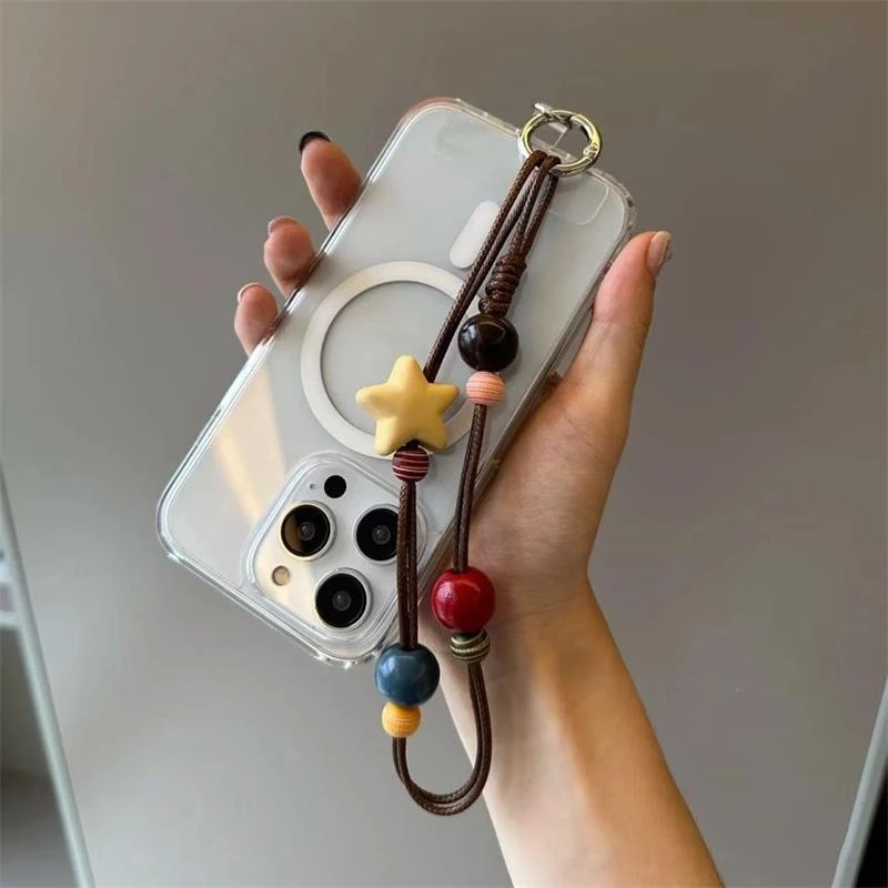 Retro Five-pointed Star Beaded Mobile Phone Lanyard Anti-Lost Wrist Strap Keychain Bag Pendants Backpack Hanging Ornaments Gifts