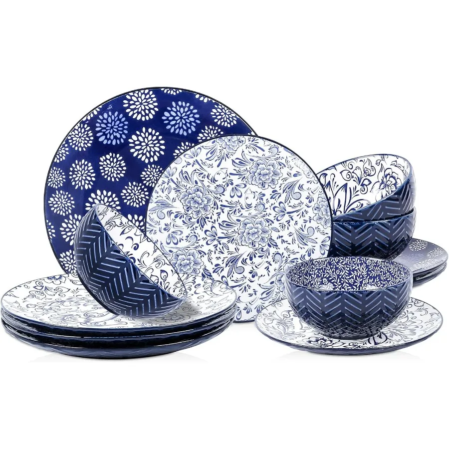 

Embossed Dinnerware Sets 12 Piece Ceramic Dishes set for 4 Kitchen Plates and Bowls Sets Microwave and Dishwasher Safe Housewar