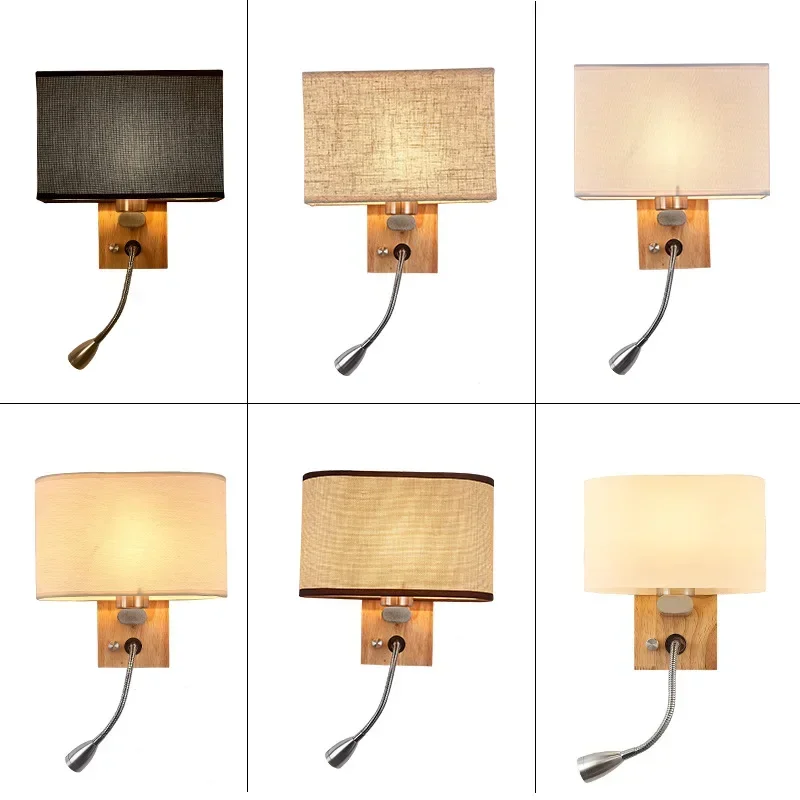 

Designer Wood Iron LED Bedroom Bedside Wall Lamp Aisle Corridor Lighting Background Sconce Decor Nightlight Linen Lampshade