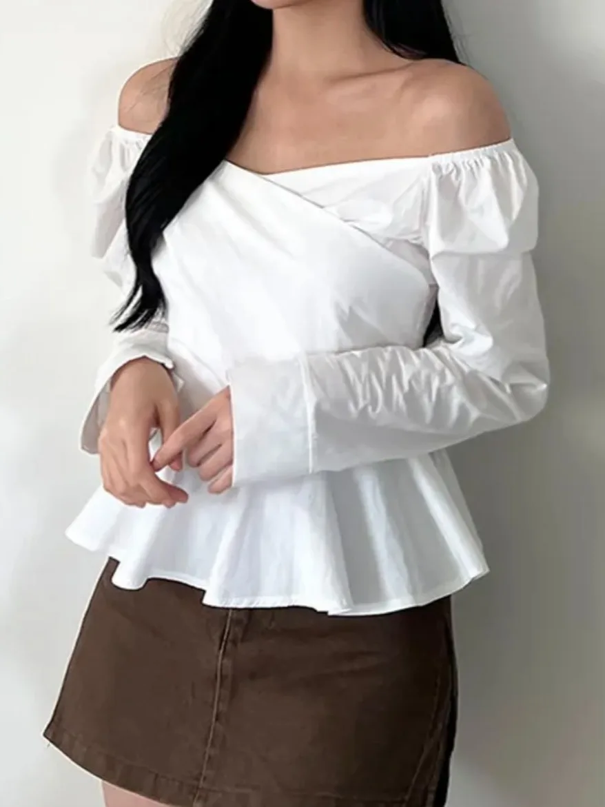 

Ele V-Ne Chiffon irt Women's White Long Sve irt Korean Sle Waist-Cinching Bell Sve irt Design Sensation