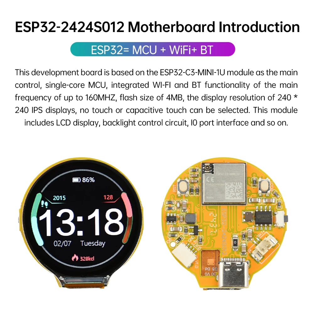 ESP32-C3 Wi-Fi and Bluetooth Development Board, 1.28-inch LED Display Module, Onboard ESP32-C3-MINI-1U Module, 240×240