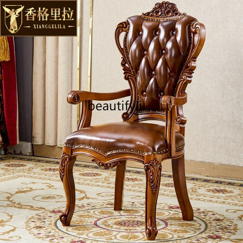 

American villa full solid wood carving flower leather with armrest book desk chair back chair restaurant chair2936
