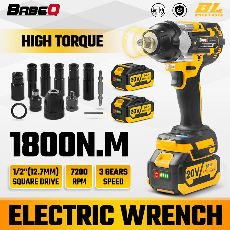 BABEQ 1800N.M Torque Brushless Electric Impact Wrench 1/2 Inch Cordless Electric Wrench Socket Set Power Tool for Makita Battery