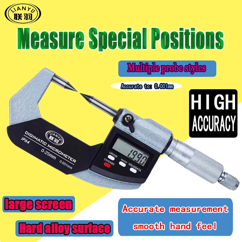 

Digital Display Micrometer Double-pointed head, Wall thickness, Round head, Spline, Small probe, Blade, Fat tip, Crimping height