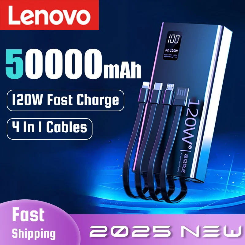 

Lenovo 120W Fast Charging Powerbank 50000mAh High Capacity Power Bank 4 in 1 Portable Battery Charger For iPhone Samsung Huawei