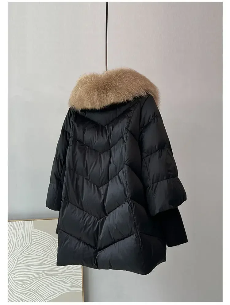 Winte White Down Duck Parka Big Fur Collar Cotton Padded Jacket Women Loose Puffer Coat Lightweight Poacket Female Outerwear