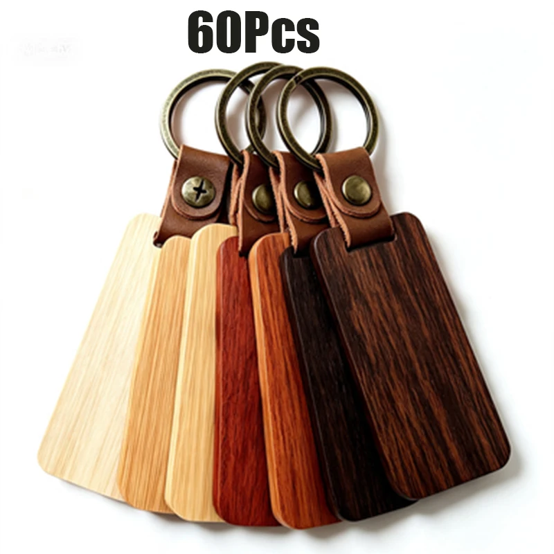 60Pcs DIY Craft Wooden Key Tags, Rectangle Wood Keychain Blanks