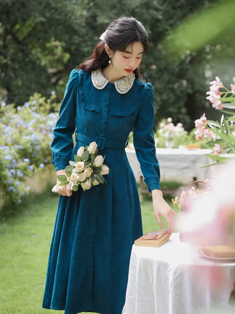 Vintage Woman Blue Corduroy Dress Retro French Style Lace Peter Pan Collar Loose Casual Lady Dresses