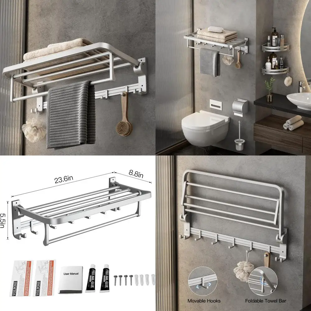 

24 Inch Foldable Towel Shelf with Movable Hooks - Rustproof Wall Mount Storage for Bathroom Accessories