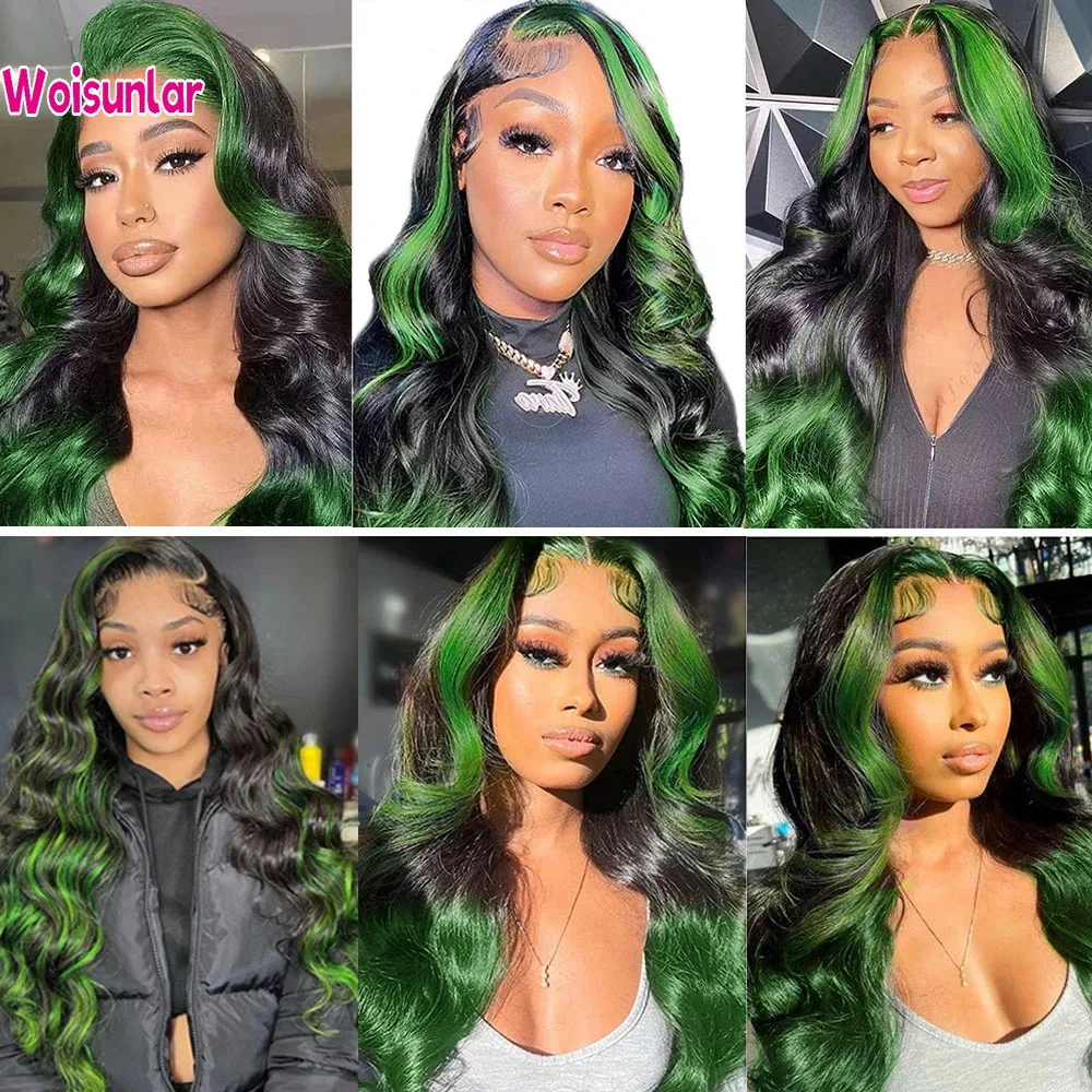 Highlight Green Body Wave Lace Frontal Wig Transparent lace front wig Black women hair 4x4 5x5 lace closure Hair Wig 32 36 inch