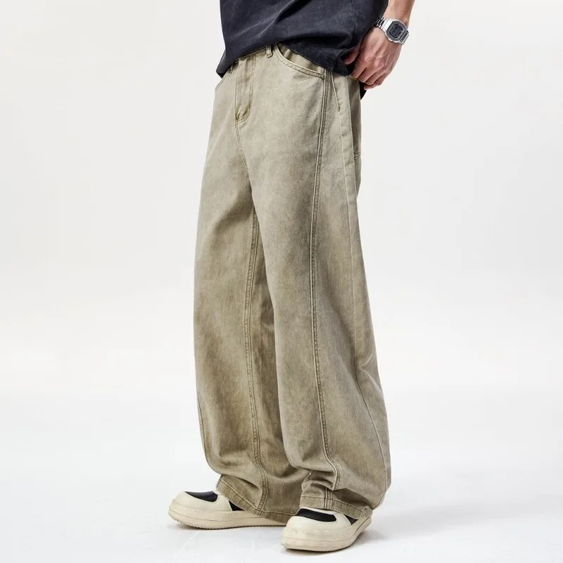 Men's Vintage Washed Curved Cut Long Pants American High Street Baggy Wide Leg Pants Loose Straight Casual Cargo Trousers