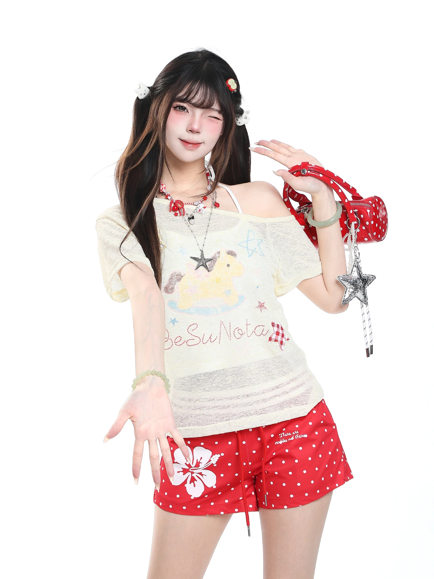 Cute Summer Casual Style Women's T-shirt Short Sleeve Print Loose Fit Slimming Color Block Two-Piece Cover up Top