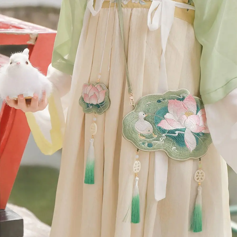 Sweet Embroidery Lotus Shoulder Bag Antique Style Handmade Chinese Hanfu Bag Traditional Elegant Ancient Style Messenger Bag