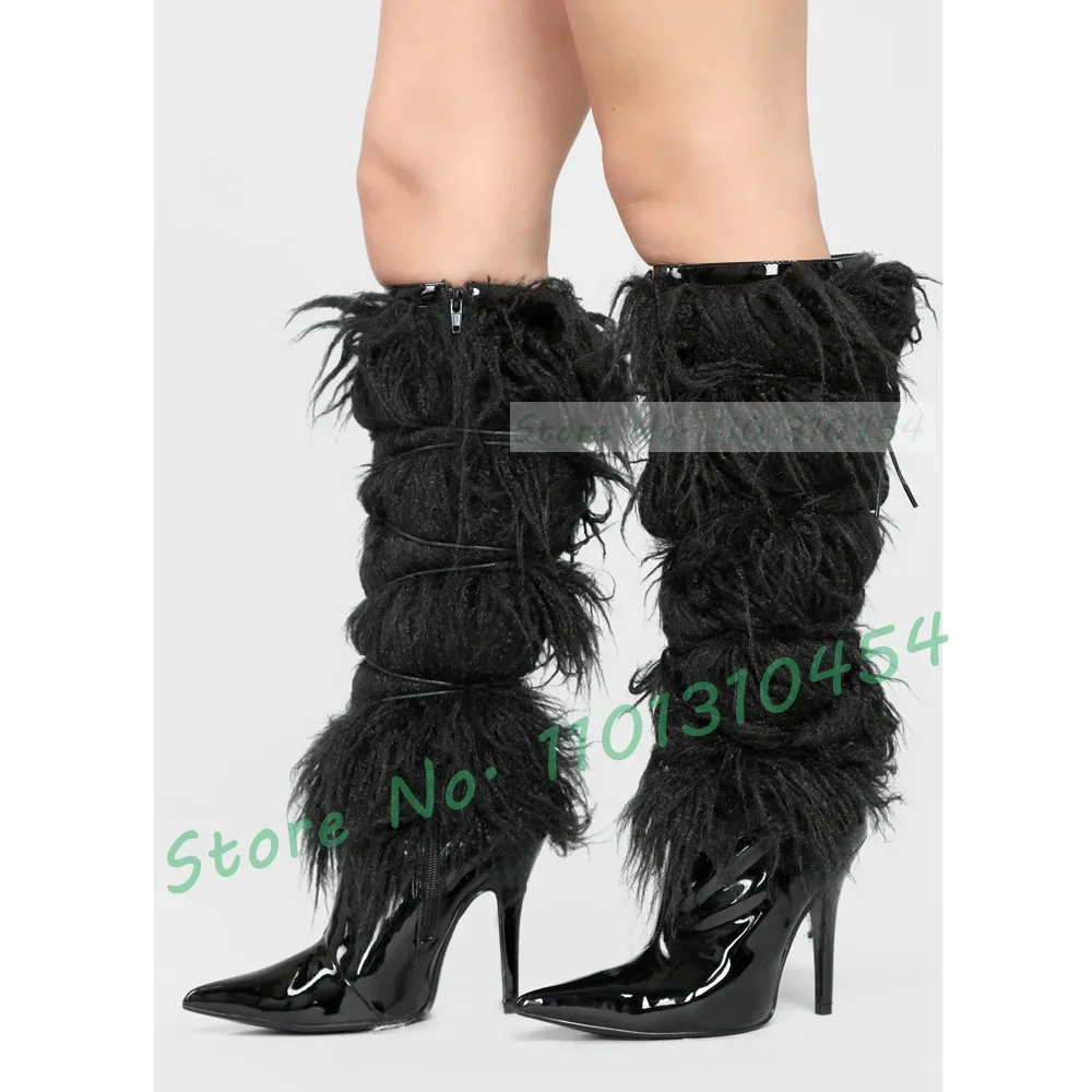 Yellow Curly Fur Knee-high Boots Women Fashion Warm Furry Winter Pointy High Heels Shoes Sexy Cross-tied Glossy Patent Boots