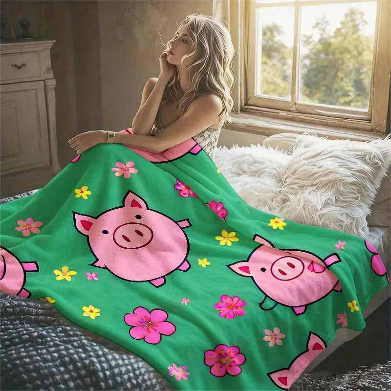 Cute Pigs Flowers Green Flannel Blanket Perfect for Sofa Office Bed Travel Sleep Read Relax Camping Four Season Use