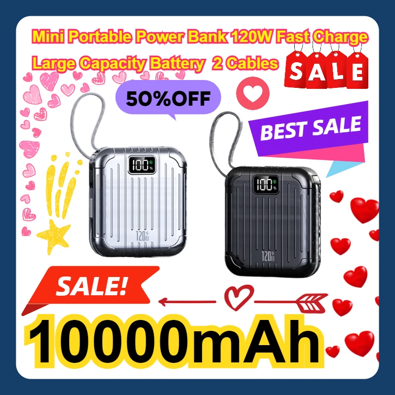 

For IPhone Xiaomi Samsung 10000mAh Mini Portable Power Bank 120W Fast Charge Large Capacity Battery 2 Cables