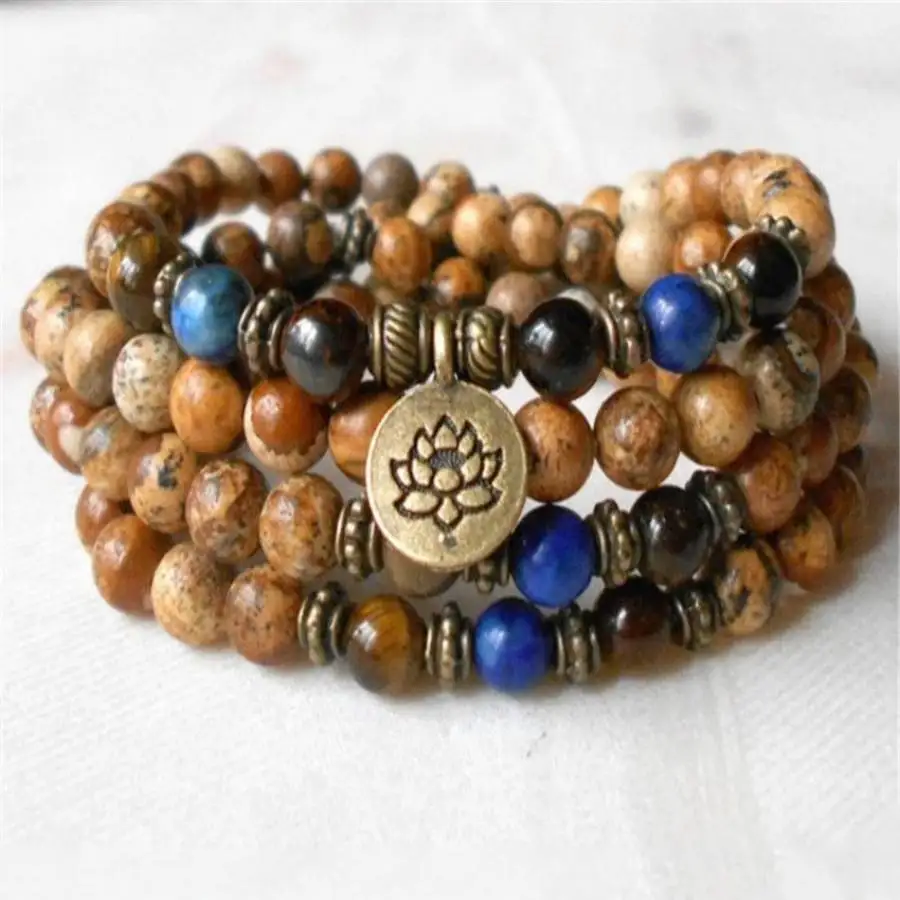 

6mm Picture Stone 108 Beads Gemstone Mala Bracelet Bead Hand Chaplet Buddha Bohemian Tibetan Natural stone Gemstone tassel