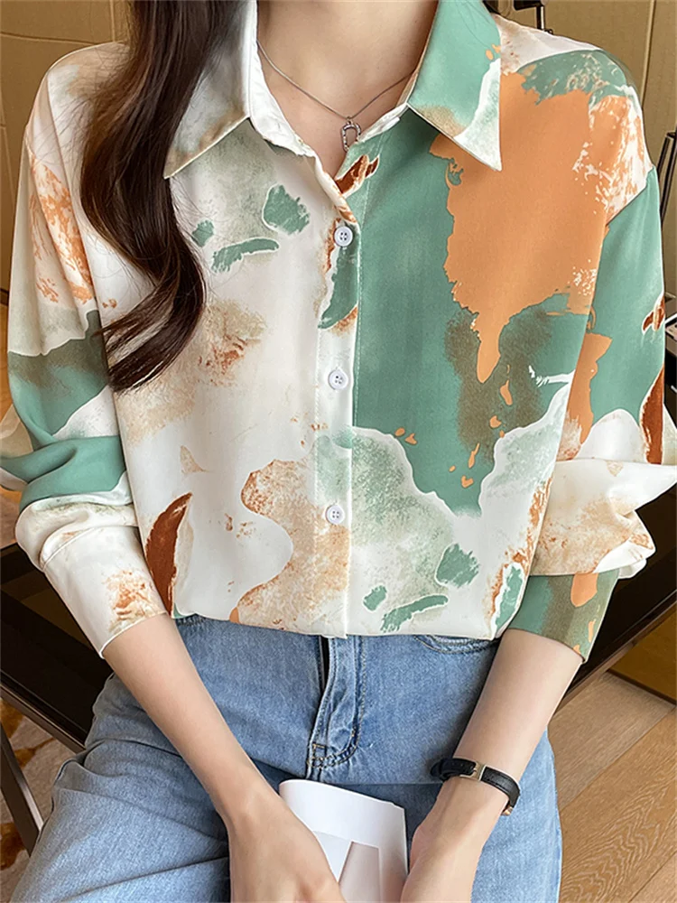 

Contrast Color irts Women's Retro Hong Kong Sle High End Chiffon Long Sve Spring Autumn New Model Dyeing Print irt