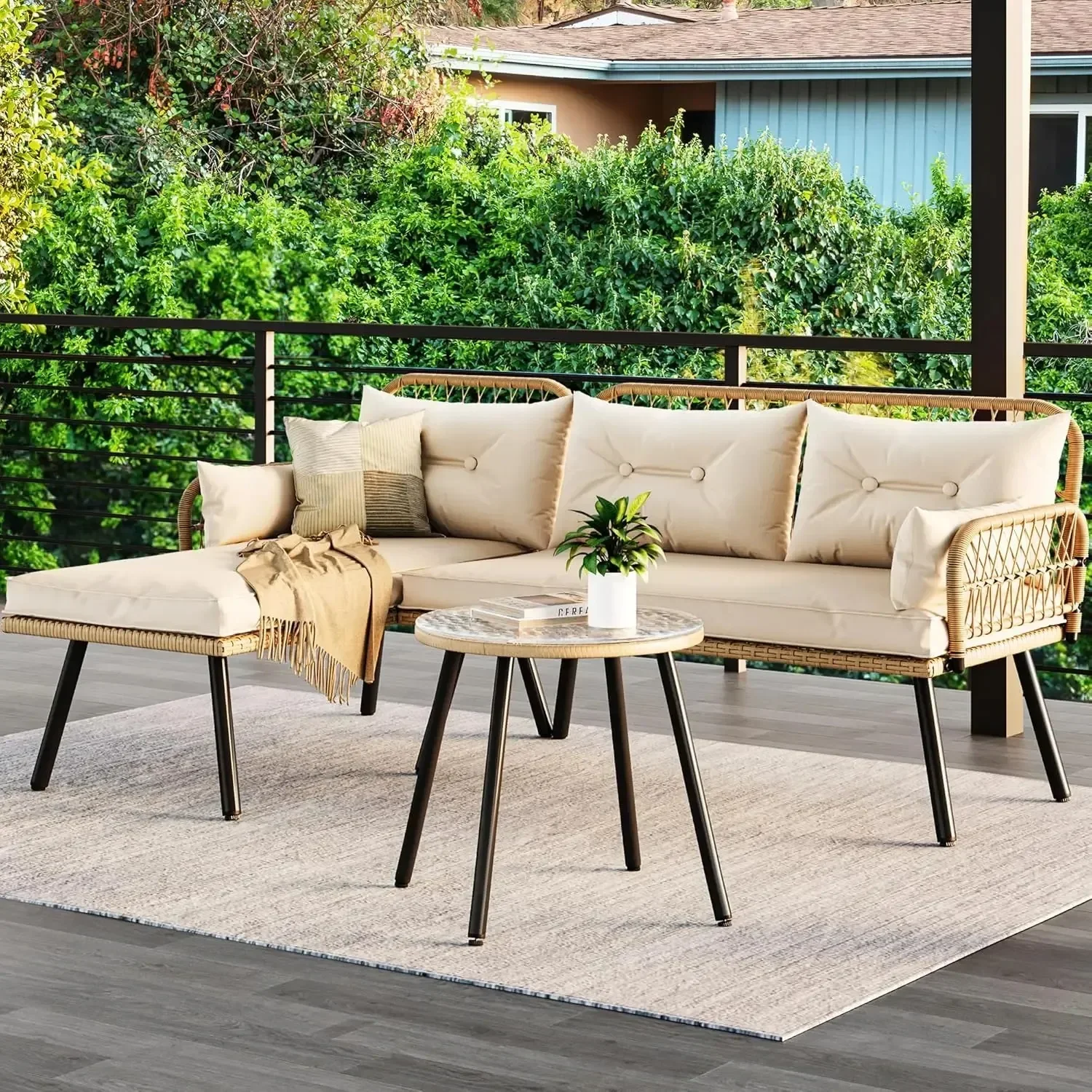 L-Shaped Patio Furniture Outdoor Loveseat Sectional Set for Backyard, Porch with Thick Cushions Detachable Lounger, Side Table