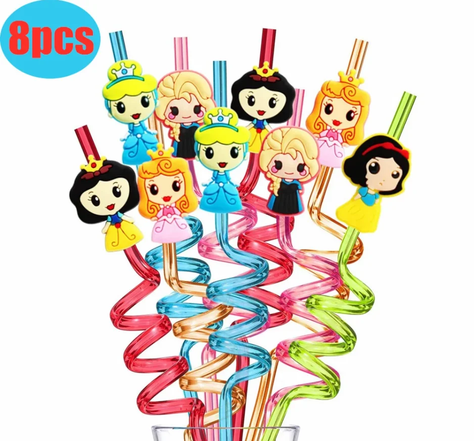 8Pcs Disney princess Straws Birthday Decoration Cinderella Reusable Drinking  Juice Straw Baby Shower Girls Elsa Party Supplies