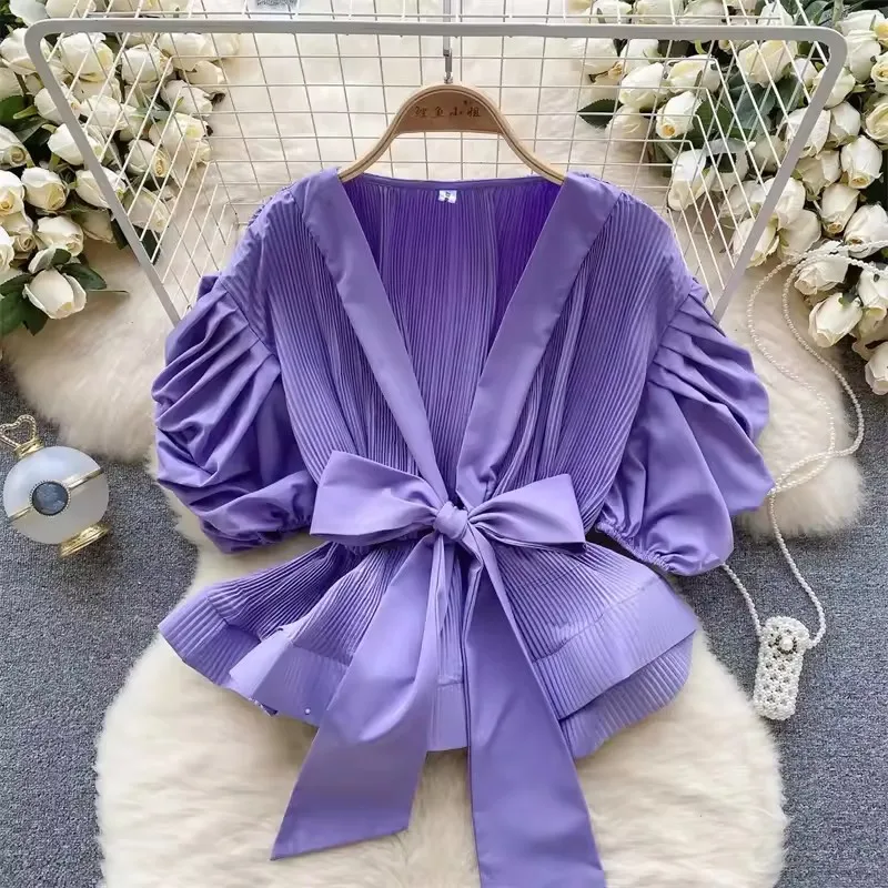 Fashion Solid Women V Neck Shirt  2025 New Summer Bubble Sleeve Blouse Elegant Versatile Waistband Bow Tops Female Clothing