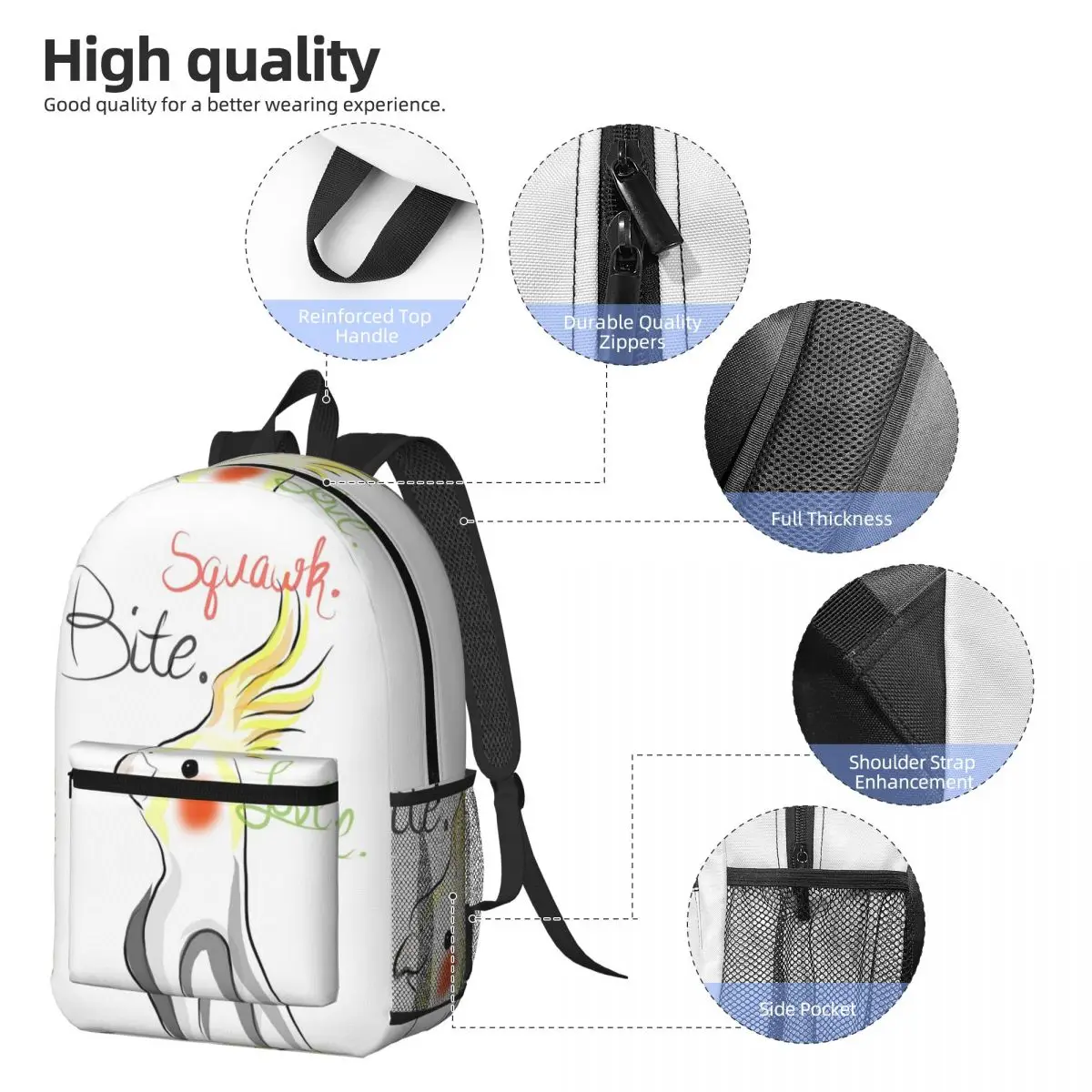 Cockatoo Cockatiel Parrot Squawk Bite Love Backpack Daypack Large Capacity BookBag School Bag Shoulder Bags for Men Women
