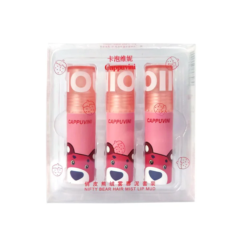 Cappuvini zabawny błyszczyk do ust w kształcie miseczki z misiem, aksamitny mat, wodoodporny, nieprzywierający do kubka.