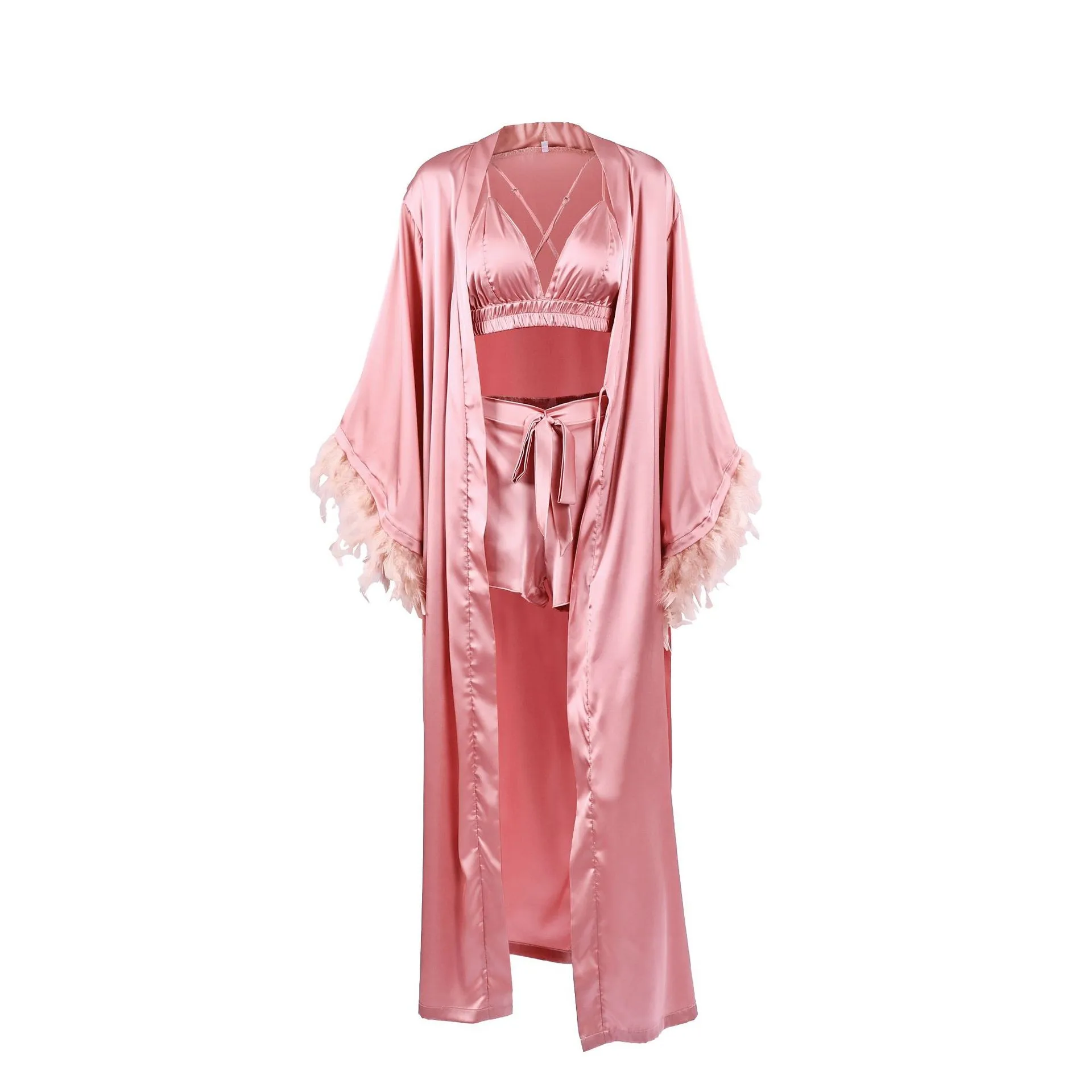 Set Shorts Set European and American Style with Long Sleeve Lightweight Collarless Hotel Bath Wedding Photo Studio for Women