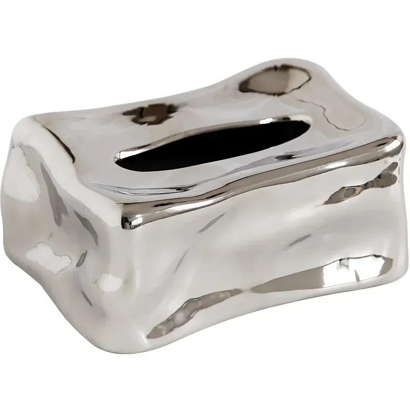Luxury Ceramic Tissue Box Ice Cube Design High-end Plated Metal Tissue Holder Ins Tea Table Storage Decorative Ornament view 5