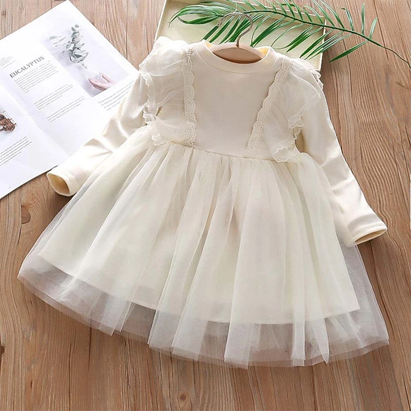 2-9 Years Girls Children\'s Spring & Autumn Long Sleeve Puffy Dress Pink Beige Mesh Princess Dress Birthday Party Outfit