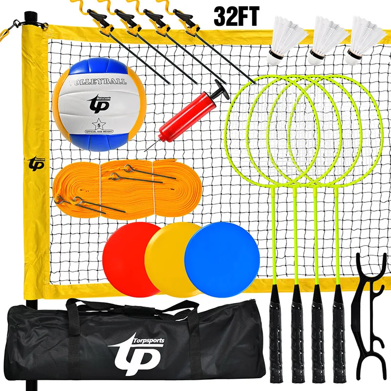 

Standard Size 32ft Portable Volleyball and Badminton Combo Set with Volleyball Net Set, Badminton Racket, Carry Bag and Boundary