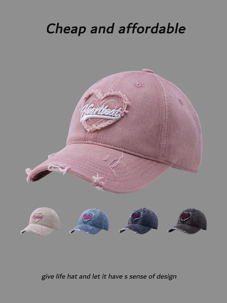 

Embroidered denim baseball cap women's summer American style big brim showing face small peaked cap