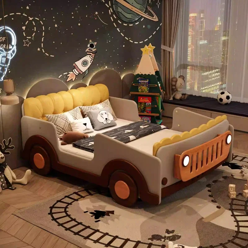 Cartoon boy solid wood children's bed car bed creative with guardrail bedroom boy sports car tent tree house bed