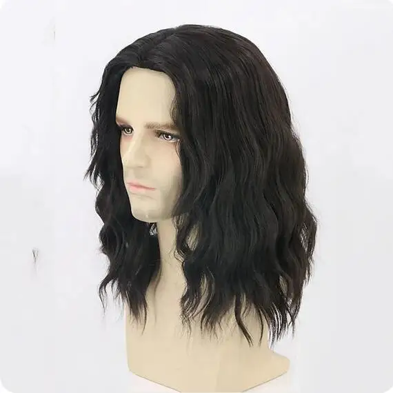 Wig pria Wig sintetis hitam pendek keriting, rambut palsu lucu untuk pesta pria