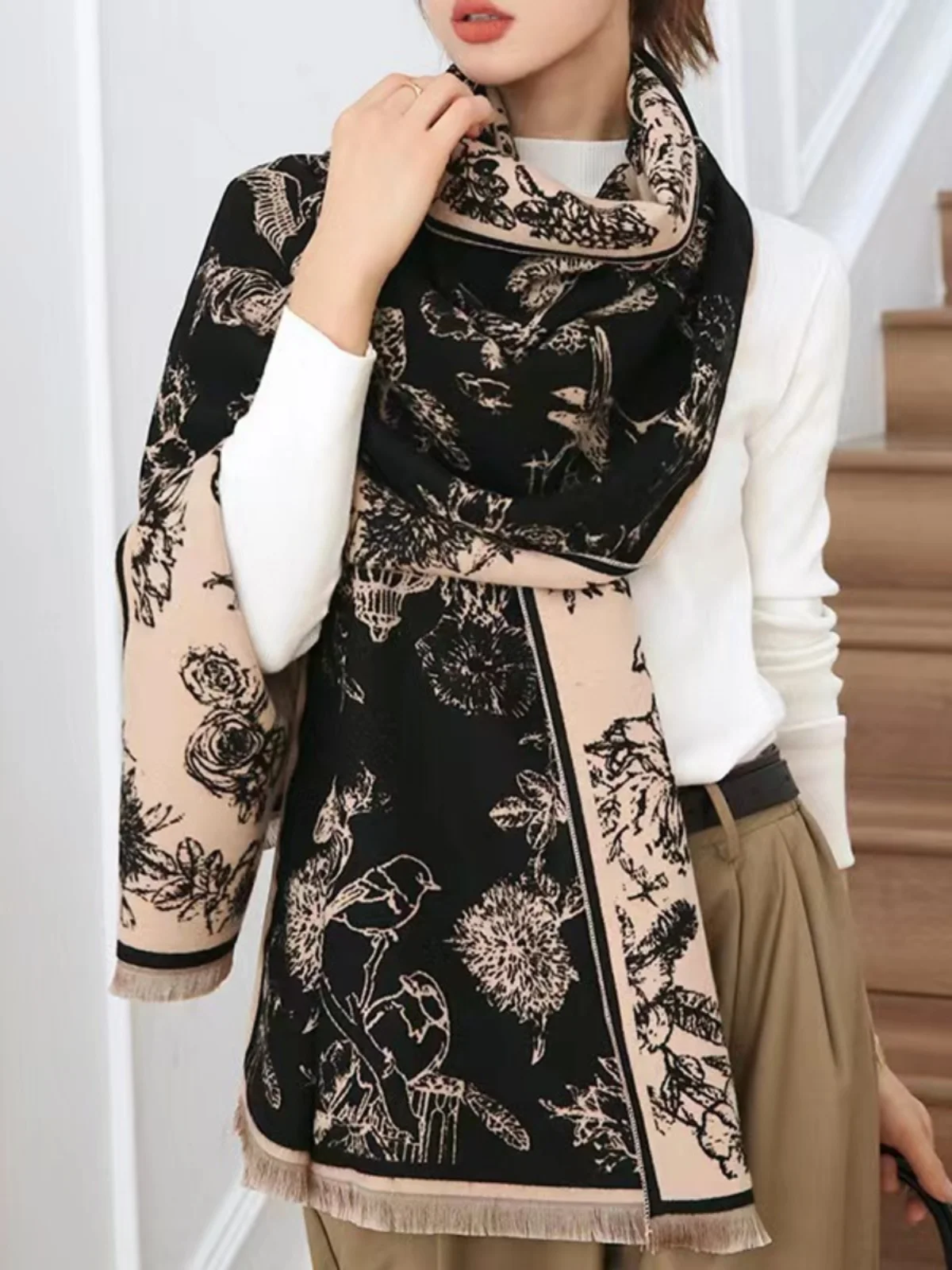 Harmony Birds Forest Good Imitate Cashmere Scarf Shawl Women Autumn Winter Neckerchief Warm Long Double Sides Summer Wraps