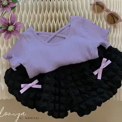 Children's Summer Princess Suits 2024 New Korean Girls Solid Short Sleeve Top +Bowknot Bud Shorts Two Pieces Baby Clothes Sets