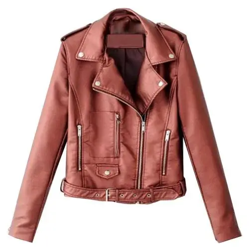 Women Bike Coat Leather Long Sleeve Lapel Outwear Zipper Outfit Button Pocket Jacket Spring Autumn Women Fashion Short Coat