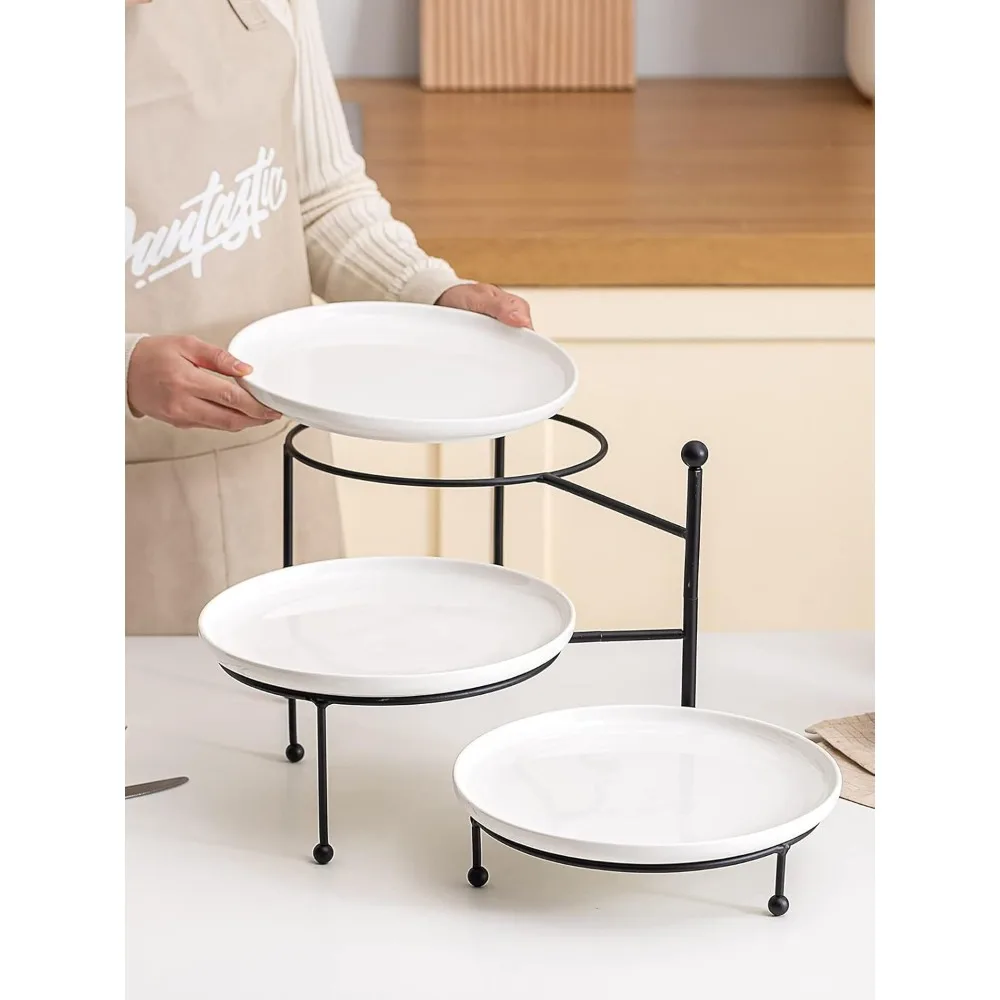 3-х уровневая сервировочная подставка с белыми фарфоровыми тарелками, круглый поднос 10 дюймов, набор витрин для десертного стола, черная металлическая подставка, универсальная и D