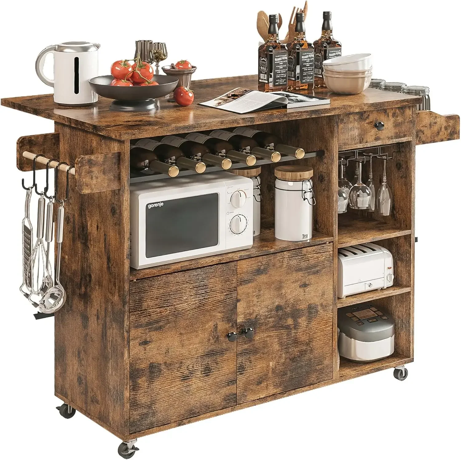 Rolling Kitchen Island Cart with Drop-Leaf and Wine Rack, Microwave Rack Serving Cart on Wheels with Drawer