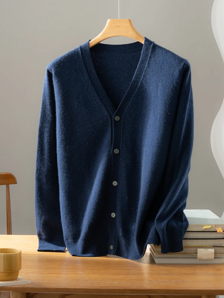 Chic Men's V-neck Cardigan Autumn Winter Classics Sweater Long Sleeve 100% Cashmere Knitwear Casual Solid Korean Style Male Tops