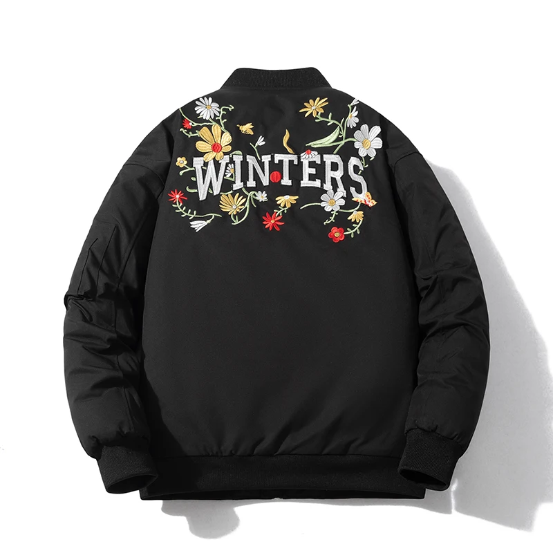 

Мужская куртка-бомбер с цветочной вышивкой, модная зимняя куртка-пилот, женские толстые теплые парки, уличная одежда, бейсбольное пальто с капюшоном для пар