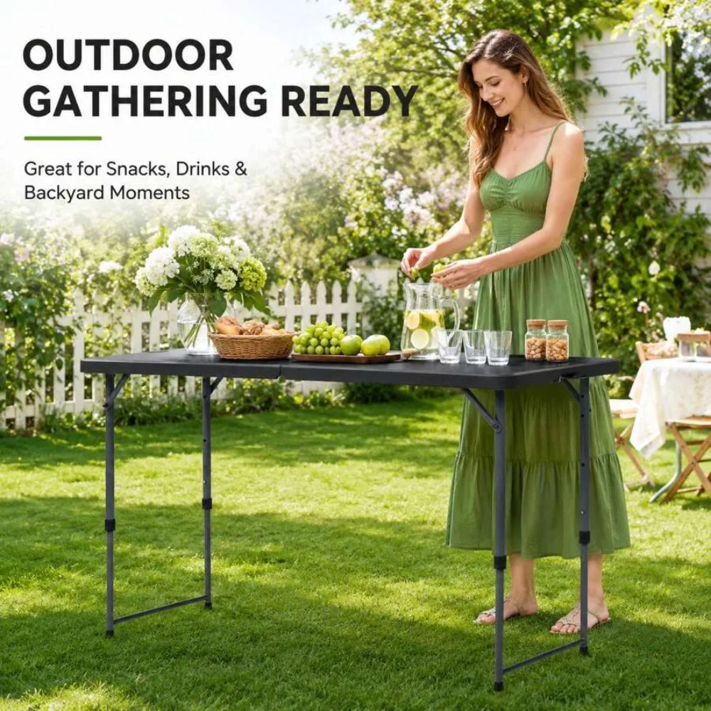 Black 4 Foot Adjustable Height Folding Plastic Table, Compact Portable Indoor Outdoor Utility Desk for Dining, Camping, Picnic, Parties, Events, Heavy Duty Lightweight Easy Store, 47 x 28 x 29 Inch