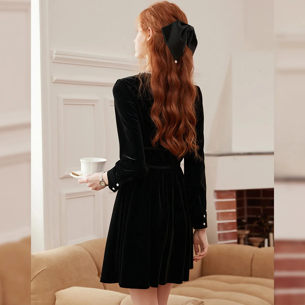 LOUIS YAO falda negra con lazo 2025 otoño vestido de manga larga no elástico cuello redondo ajustado ajuste cadena de cuentas empalme vestido de mujer