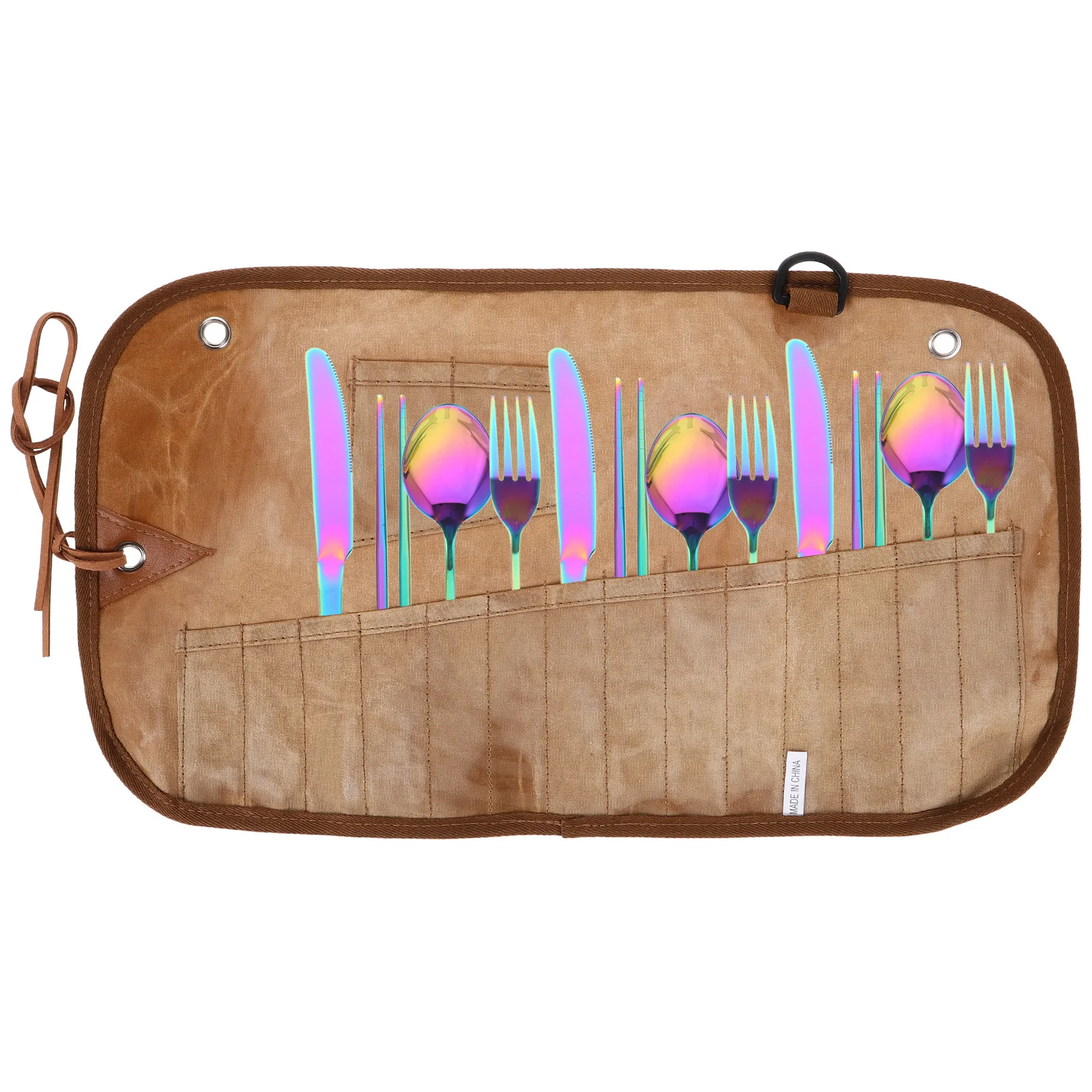 

Portable Canvas Outdoor Tableware Storage Bag Roll Up Organizer for Camping Travel Silverware Cutlery Set Utensil Bag