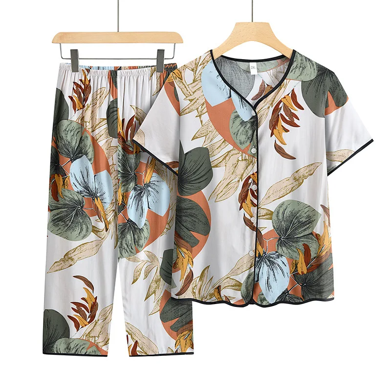 Fashion V-neck Short Sleeve Sleepwear T-shirt Capri Pants Two Piece Sets Women Summer Print Casual Home Female 2 Piece Set 4XL